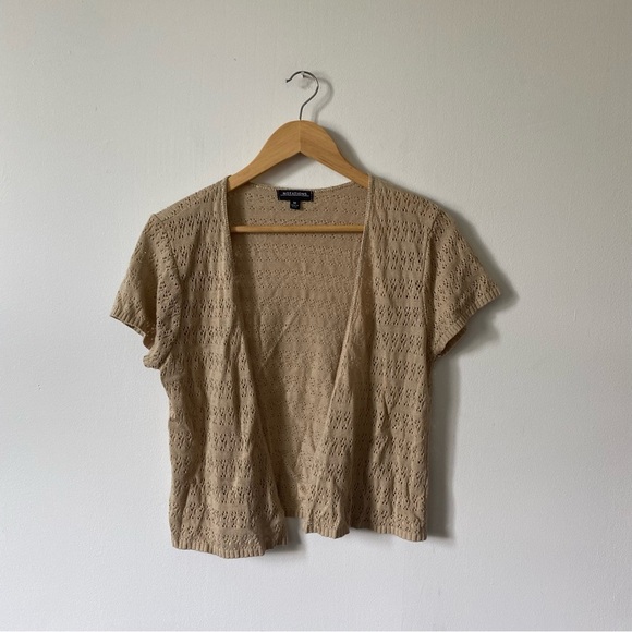 Cottagecore Vintage 90s Notation’s Tan Knit Short Sleeve Cardigan Sweater M - Picture 1 of 4